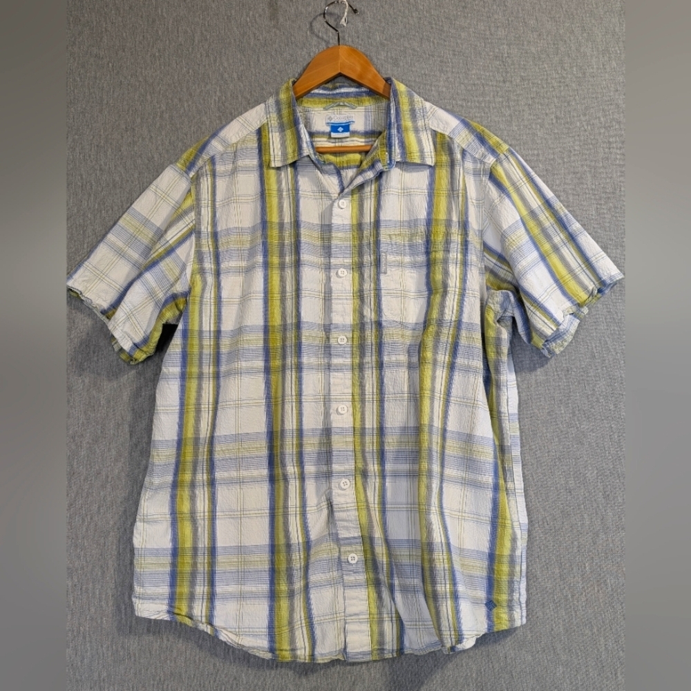 Columbia Plaid Shirt Men's XL White Blue Yellow Plaid Short Sleeve Outdoor